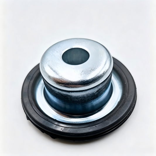 Front shock absorber bump stop, black rubber ring with silver top cap