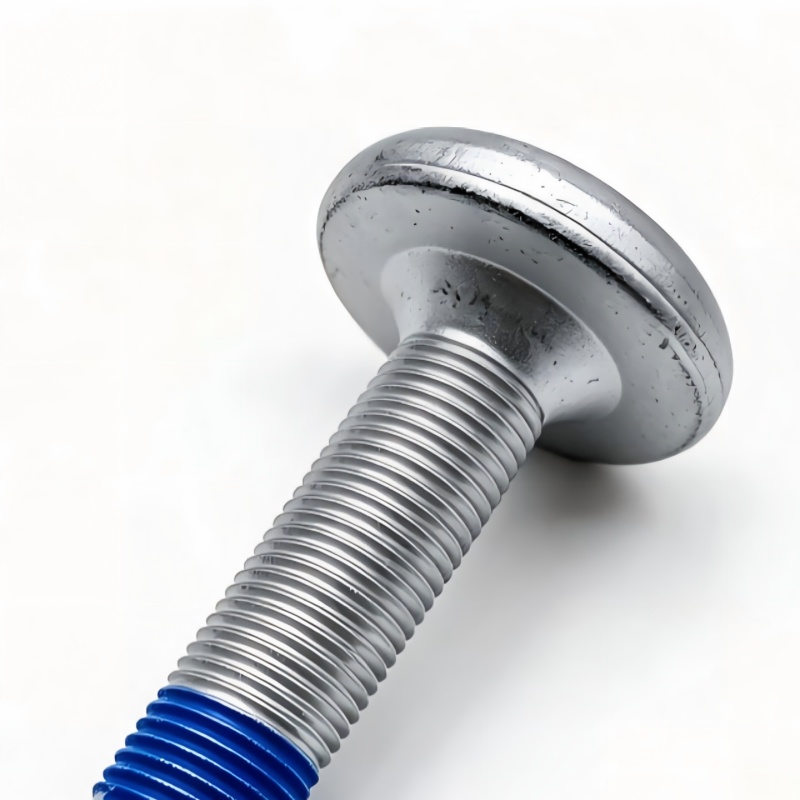 Rear wheel bearing bolt with blue sealed threads and round flange head, silver