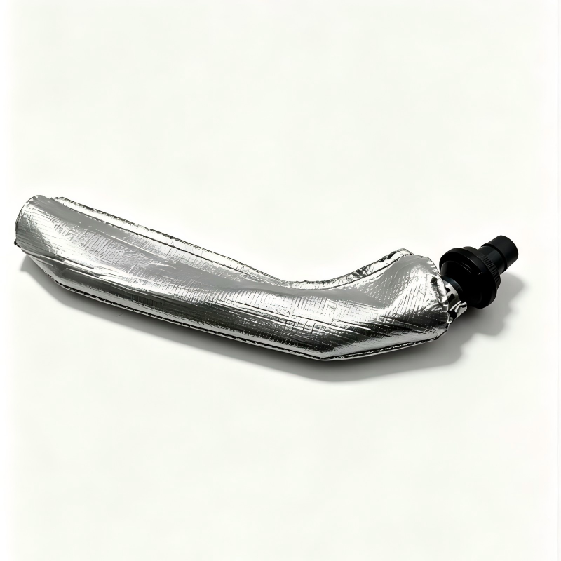 Turbo boost pipe with valve, curved silver heat shield hose with black connector