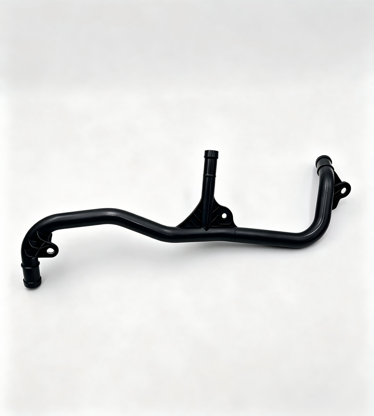 Black engine coolant pipe assembly with three outlet stubs