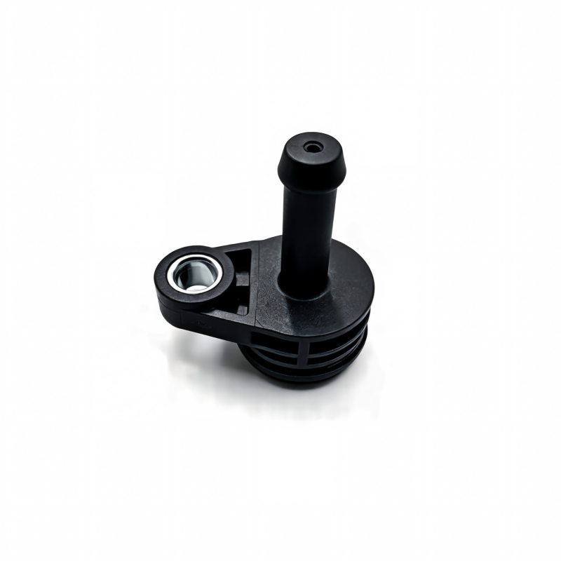 Black coolant hose connector with metal ring insert and ribbed seal cap