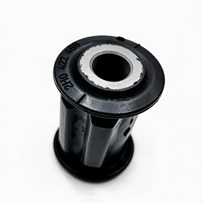 Black steering rack bushing side view with circular base and metal inner sleeve