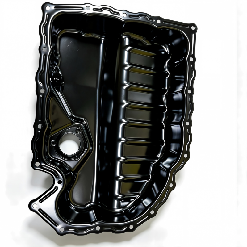 Black engine oil pan interior with raised baffles and round mounting port