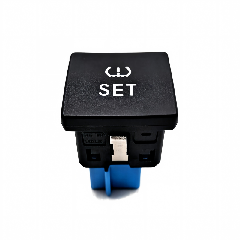 Tire pressure monitor switch button, black cover with white SET symbol and blue base