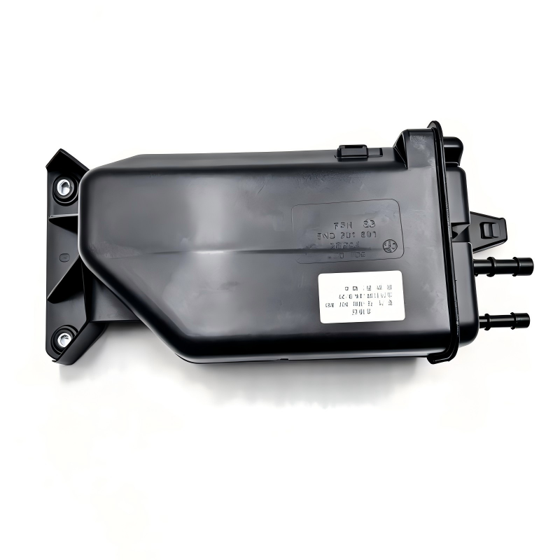 EVAP canister with black plastic housing and label, side view with two hose ports
