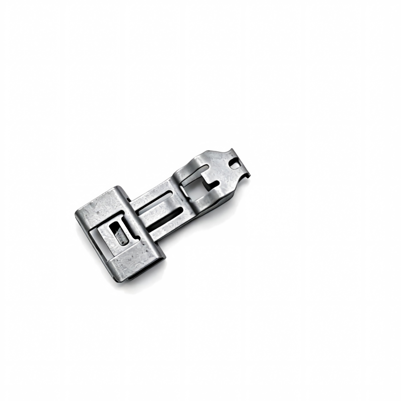 Metal A-pillar trim clip side view with stamped cutouts and latch