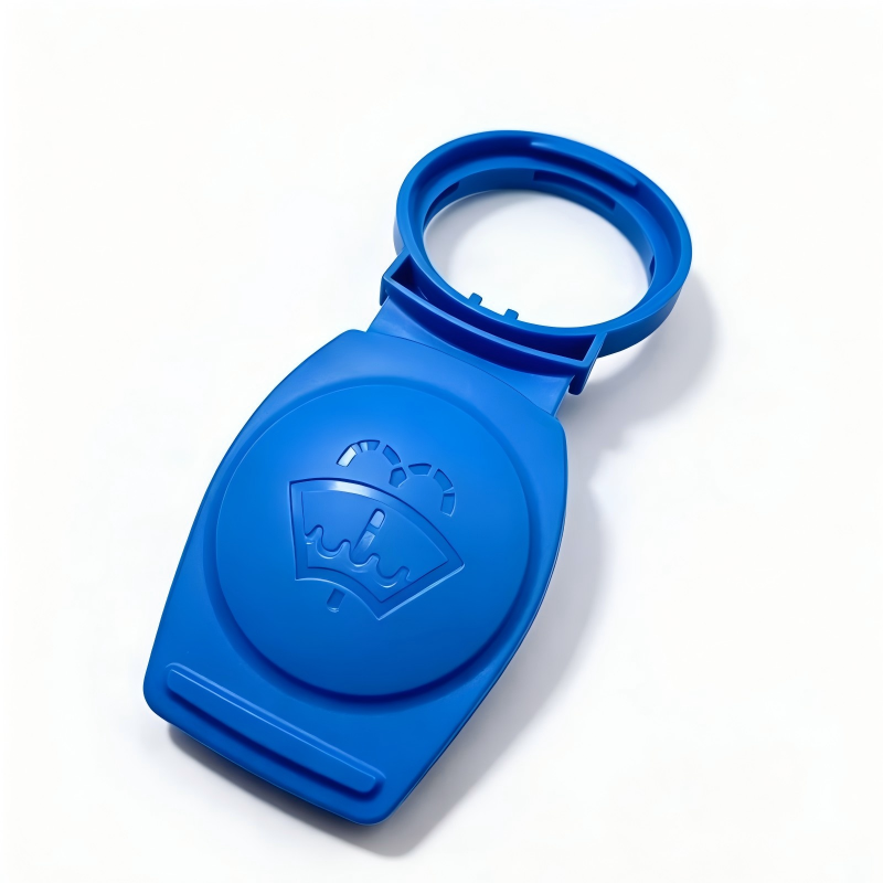 Blue washer reservoir cap with molded emblem, open neck ring