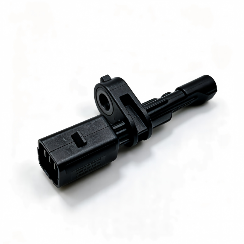 Rear ABS wheel speed sensor with black plug connector and mounting base, side view